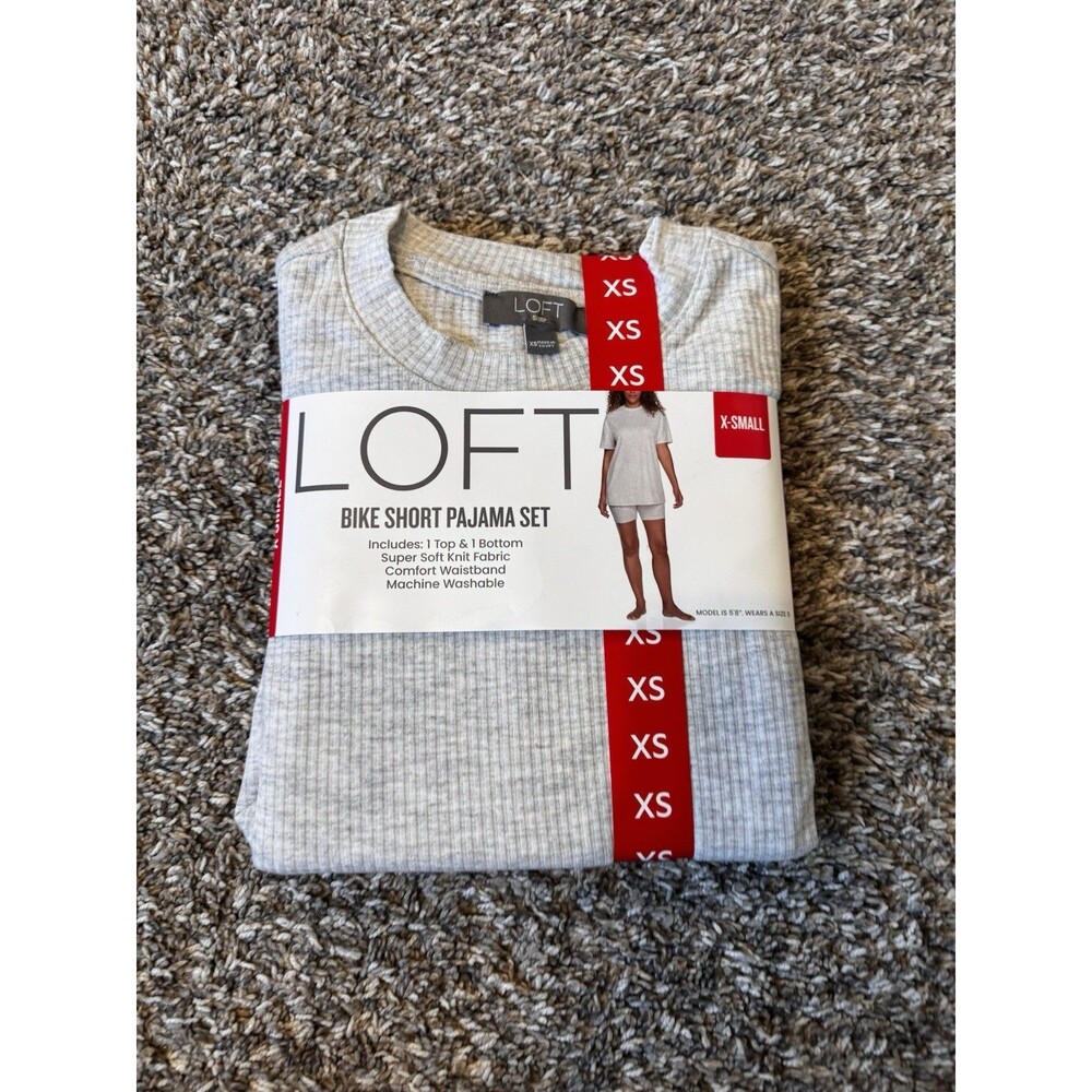 LOFT Sleep Pajama Set Womens XS 0-2 Gray Ribbed Tee Bike Shorts 2 Piece NWT